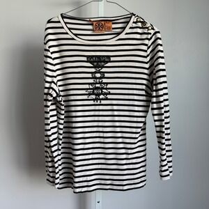 Tory‎ Burch sz L Top Striped Gold Button Detail Resort Sailor Nautical